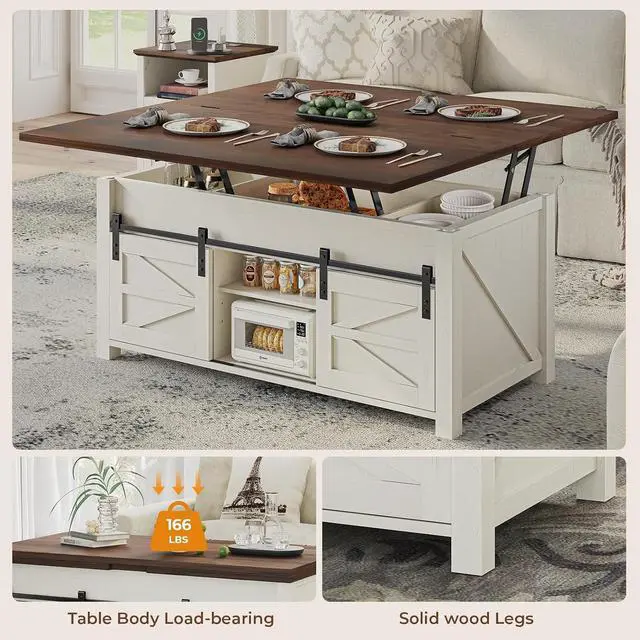 Alt view image 7 of 7 - Lift Top Coffee Table for Living Room with 4 Sliding Barn Doors, 4 in 1 Farmhouse Coffee Table with Adjustable Shelves and Hidden Storage Compartment, Converts to Dining Table (Brown White)