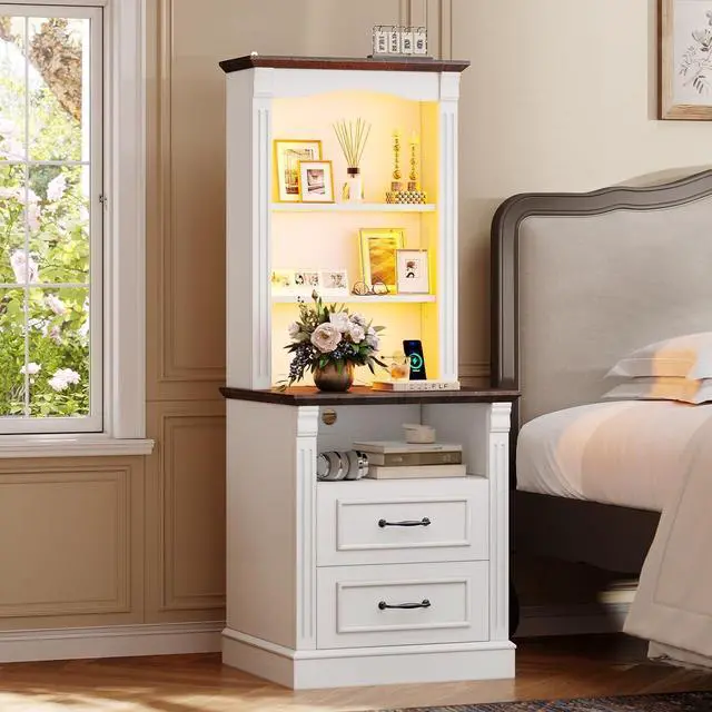 Main image of Farmhouse Nightstand with Charging Station, 3-Tier Bedside with Open Shelf, Side Tables Bedroom with Charging Station, LED Sofa Side Table for Storage End Table (White+Brown, 1Pcs)