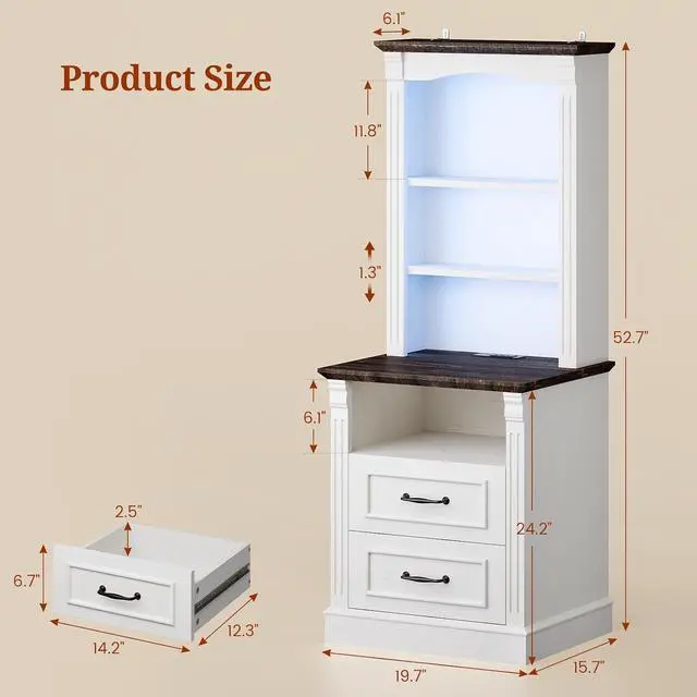 Alt view image 2 of 7 - Farmhouse Nightstand with Charging Station, 3-Tier Bedside with Open Shelf, Side Tables Bedroom with Charging Station, LED Sofa Side Table for Storage End Table (White+Brown, 1Pcs)