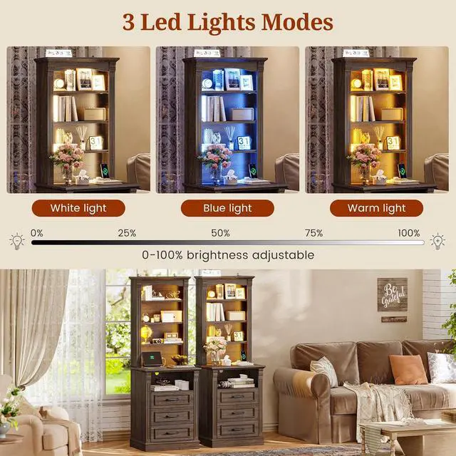 Alt view image 4 of 7 - 61" Tall Modern Nightstand with 3 Drawers,Built-in Charging Station,LED Light, 3 Adjustable Shelves,Roman Column, End Table for Bedroom, (Walnut)
