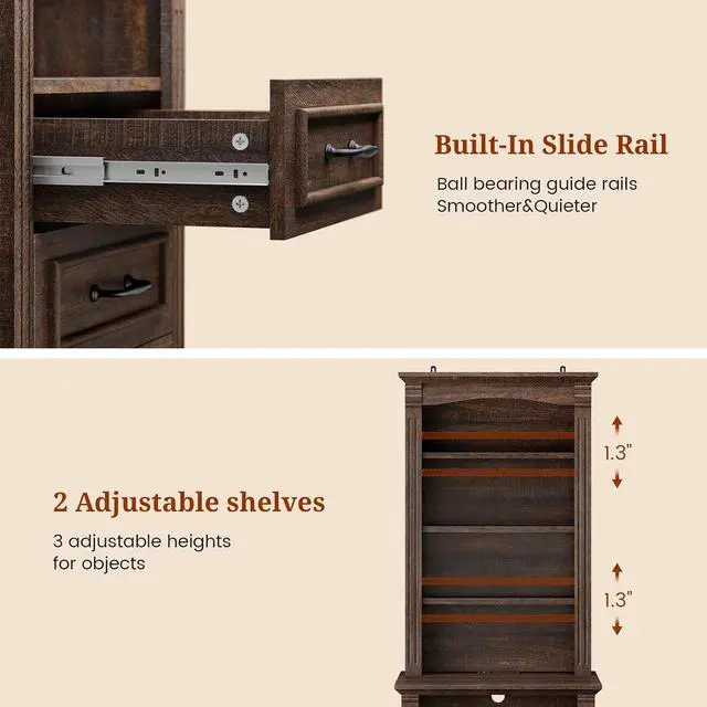 Alt view image 5 of 7 - 61" Tall Modern Nightstand with 3 Drawers,Built-in Charging Station,LED Light, 3 Adjustable Shelves,Roman Column, End Table for Bedroom, (Walnut)