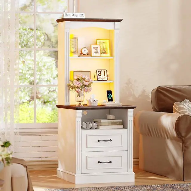 Alt view image 5 of 7 - Farmhouse Nightstand with Charging Station, 3-Tier Bedside with Open Shelf, Side Tables Bedroom with Charging Station, LED Sofa Side Table for Storage End Table (White+Brown, 1Pcs)