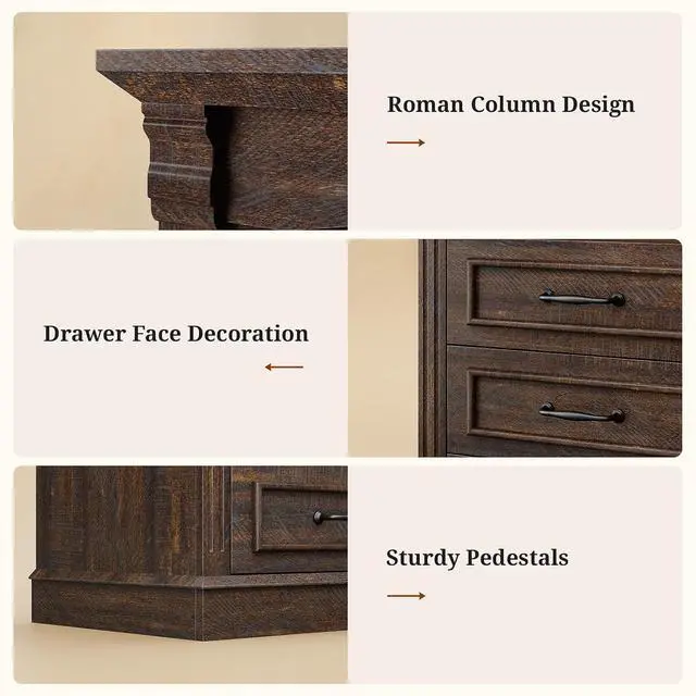 Alt view image 6 of 7 - 61" Tall Modern Nightstand with 3 Drawers,Built-in Charging Station,LED Light, 3 Adjustable Shelves,Roman Column, End Table for Bedroom, (Walnut)