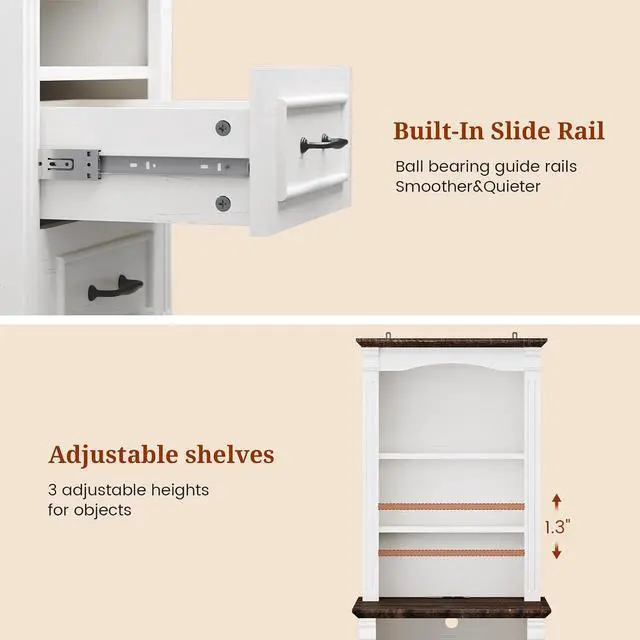 Alt view image 6 of 7 - Farmhouse Nightstand with Charging Station, 3-Tier Bedside with Open Shelf, Side Tables Bedroom with Charging Station, LED Sofa Side Table for Storage End Table (White+Brown, 1Pcs)