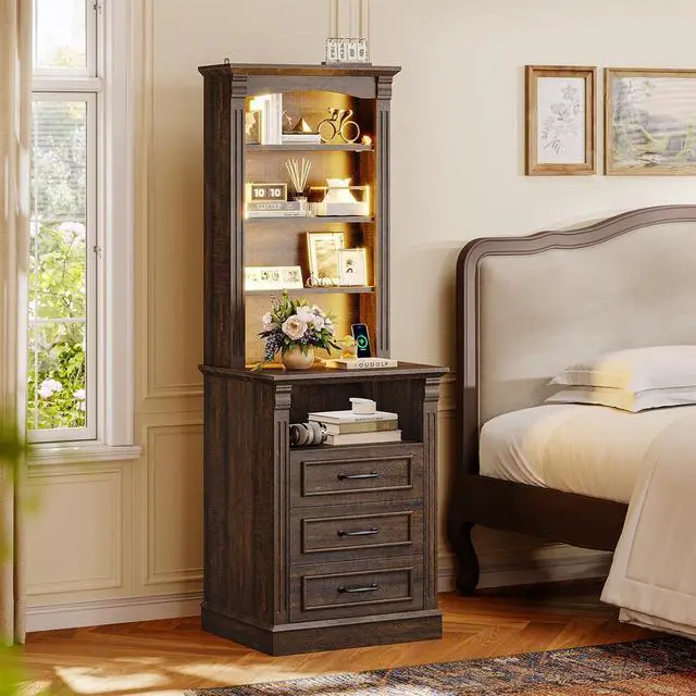 Alt view image 7 of 7 - 61" Tall Modern Nightstand with 3 Drawers,Built-in Charging Station,LED Light, 3 Adjustable Shelves,Roman Column, End Table for Bedroom, (Walnut)
