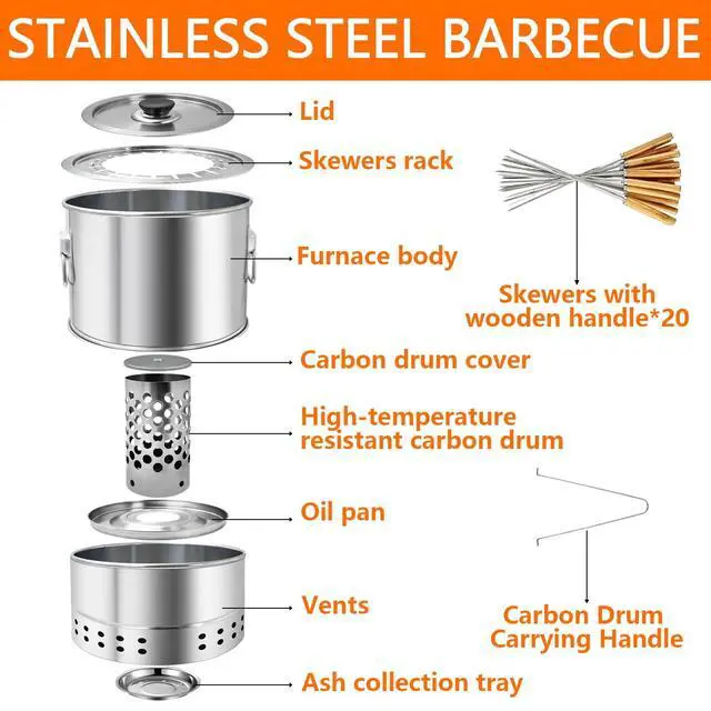 Alt view image 7 of 7 - Stainless Smokeless Charcoal Grills Surround Charcoal Barrel Grill 360° Smokeless Outdoor Barbecue Grill for Travel for Travel, Outdoor Cooking and BBQ, Camping Grill Picnic Patio Backyard