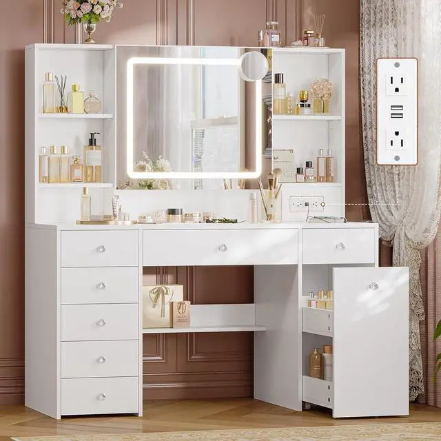 Main image of 47.2 Large Makeup Vanity Desk with Mirror and Lights,Power Outlet,7 Drawers,Pull-Out LED Mirror with 3 Light Modes,Brightness Adjustable,Rolling Makeup cart,Crystal Handles, hairdryer Rack,White