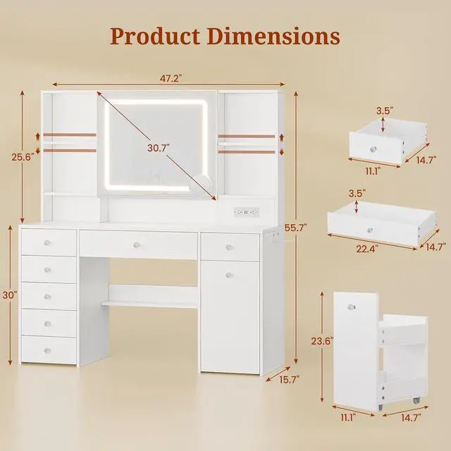 Alt view image 2 of 7 - 47.2 Large Makeup Vanity Desk with Mirror and Lights,Power Outlet,7 Drawers,Pull-Out LED Mirror with 3 Light Modes,Brightness Adjustable,Rolling Makeup cart,Crystal Handles, hairdryer Rack,White