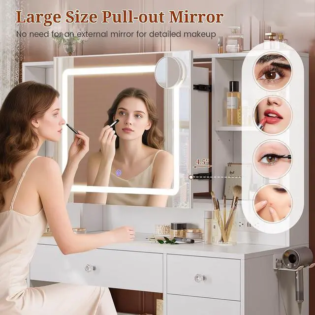 Alt view image 4 of 7 - 47.2 Large Makeup Vanity Desk with Mirror and Lights,Power Outlet,7 Drawers,Pull-Out LED Mirror with 3 Light Modes,Brightness Adjustable,Rolling Makeup cart,Crystal Handles, hairdryer Rack,White