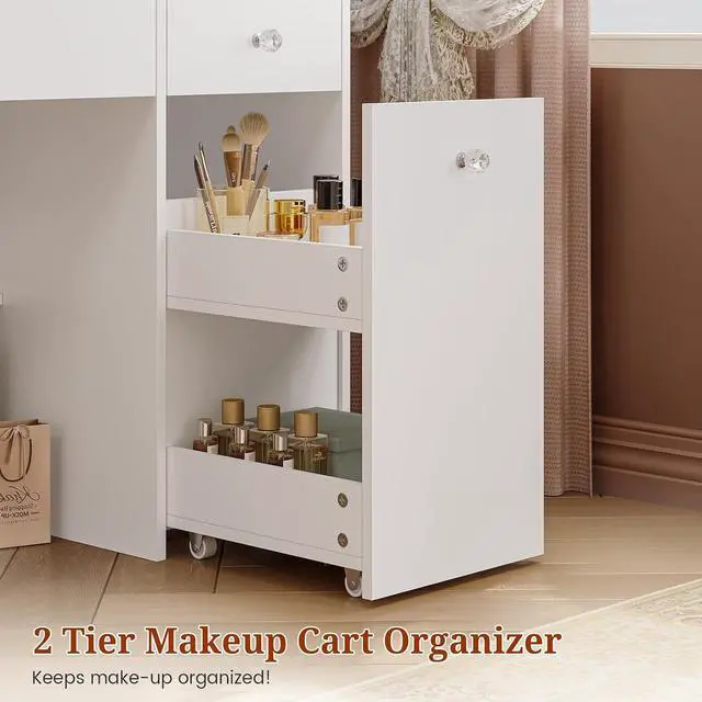 Alt view image 5 of 7 - 47.2 Large Makeup Vanity Desk with Mirror and Lights,Power Outlet,7 Drawers,Pull-Out LED Mirror with 3 Light Modes,Brightness Adjustable,Rolling Makeup cart,Crystal Handles, hairdryer Rack,White