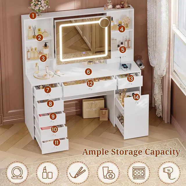 Alt view image 6 of 7 - 47.2 Large Makeup Vanity Desk with Mirror and Lights,Power Outlet,7 Drawers,Pull-Out LED Mirror with 3 Light Modes,Brightness Adjustable,Rolling Makeup cart,Crystal Handles, hairdryer Rack,White