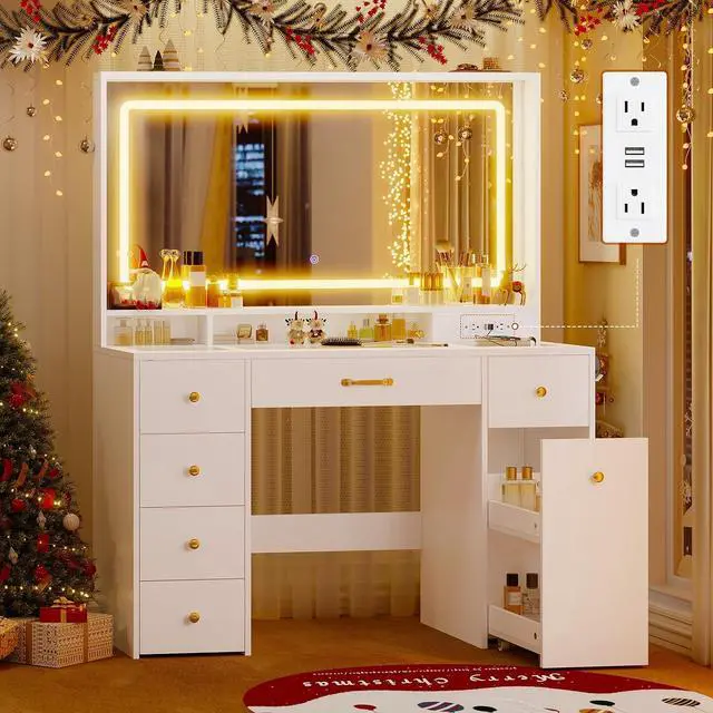 Main image of 49.3Large Vanity LED Mirror with Lights,Makeup Vanity Desk with 6 Drawers,Power Outlet,Glass Tabletop,Storage Shelf,Rolling Makeup Vanity,Hairdryer Rack,White