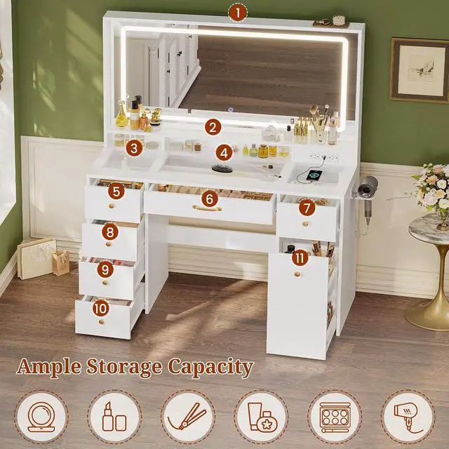 Alt view image 2 of 7 - 49.3Large Vanity LED Mirror with Lights,Makeup Vanity Desk with 6 Drawers,Power Outlet,Glass Tabletop,Storage Shelf,Rolling Makeup Vanity,Hairdryer Rack,White
