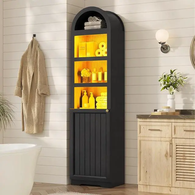 Main image of 72" Tall Arched Narrow Bathroom Storage Cabinet with Lights, Slim Storage Cabinet with Adjustable Shelves for Small Spaces, Farmhouse Style (Black)