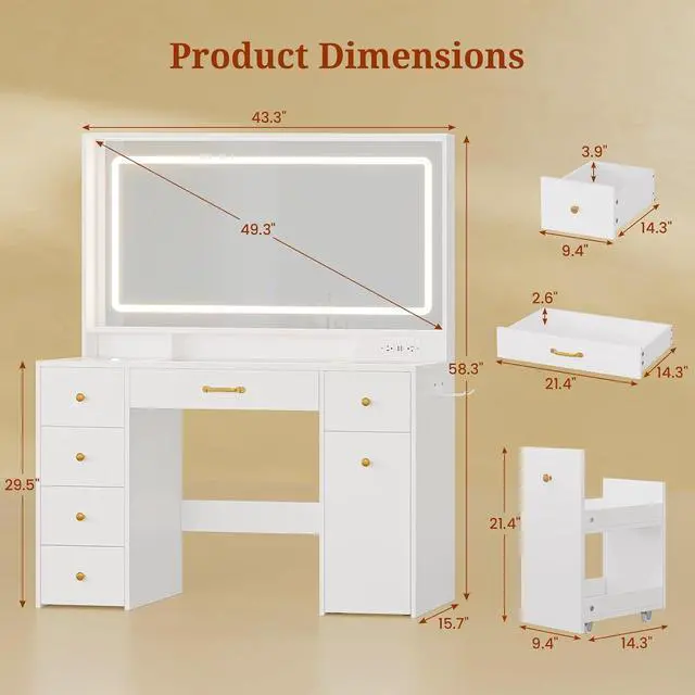 Alt view image 3 of 7 - 49.3Large Vanity LED Mirror with Lights,Makeup Vanity Desk with 6 Drawers,Power Outlet,Glass Tabletop,Storage Shelf,Rolling Makeup Vanity,Hairdryer Rack,White
