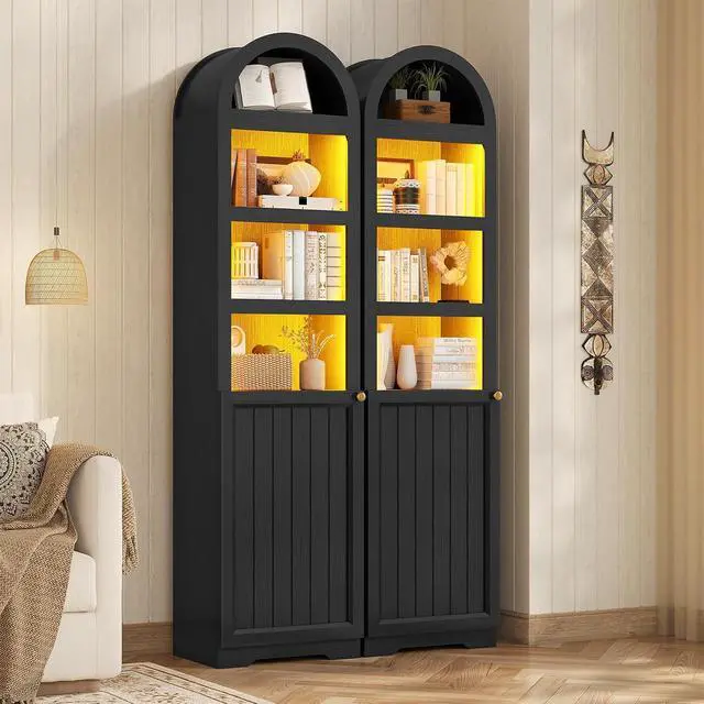 Alt view image 3 of 7 - 72" Tall Arched Narrow Bathroom Storage Cabinet with Lights, Slim Storage Cabinet with Adjustable Shelves for Small Spaces, Farmhouse Style (Black)