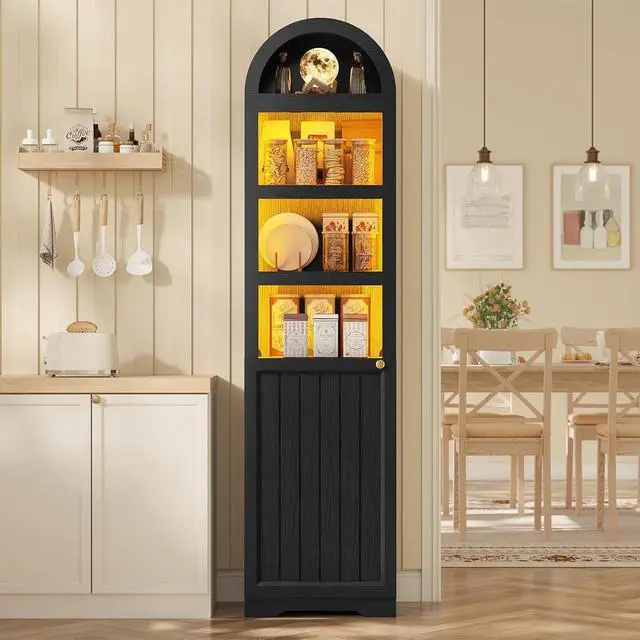 Alt view image 4 of 7 - 72" Tall Arched Narrow Bathroom Storage Cabinet with Lights, Slim Storage Cabinet with Adjustable Shelves for Small Spaces, Farmhouse Style (Black)
