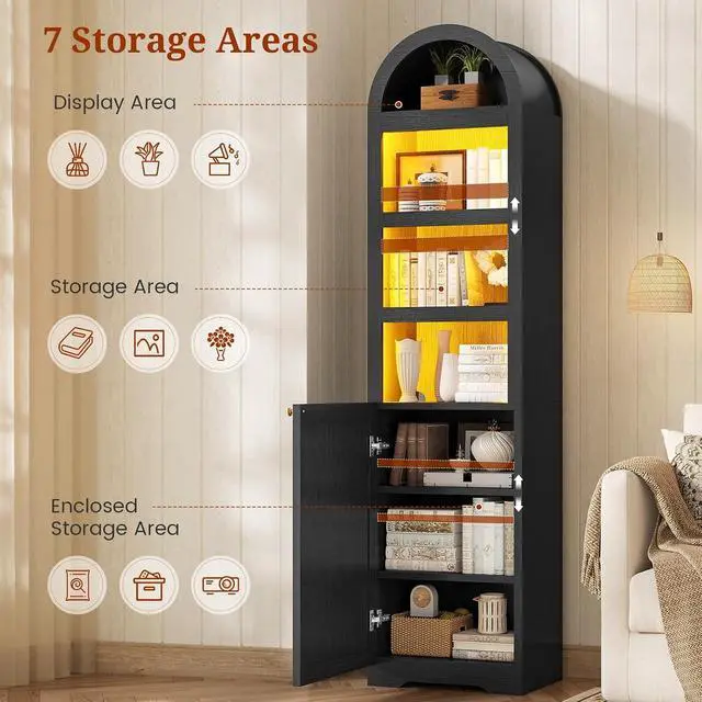 Alt view image 5 of 7 - 72" Tall Arched Narrow Bathroom Storage Cabinet with Lights, Slim Storage Cabinet with Adjustable Shelves for Small Spaces, Farmhouse Style (Black)