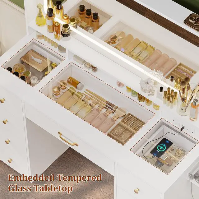 Alt view image 5 of 7 - 49.3Large Vanity LED Mirror with Lights,Makeup Vanity Desk with 6 Drawers,Power Outlet,Glass Tabletop,Storage Shelf,Rolling Makeup Vanity,Hairdryer Rack,White