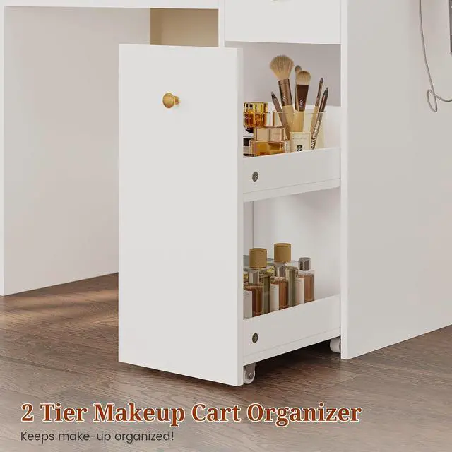 Alt view image 7 of 7 - 49.3Large Vanity LED Mirror with Lights,Makeup Vanity Desk with 6 Drawers,Power Outlet,Glass Tabletop,Storage Shelf,Rolling Makeup Vanity,Hairdryer Rack,White