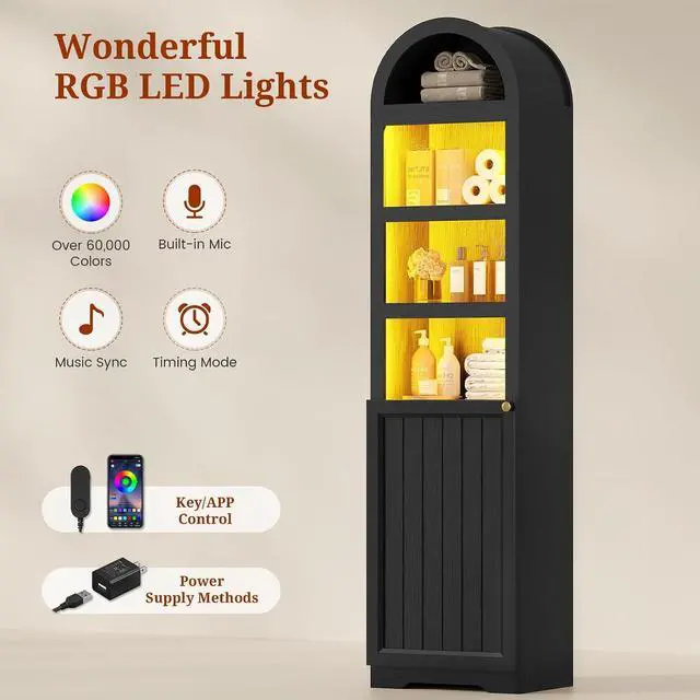 Alt view image 6 of 7 - 72" Tall Arched Narrow Bathroom Storage Cabinet with Lights, Slim Storage Cabinet with Adjustable Shelves for Small Spaces, Farmhouse Style (Black)