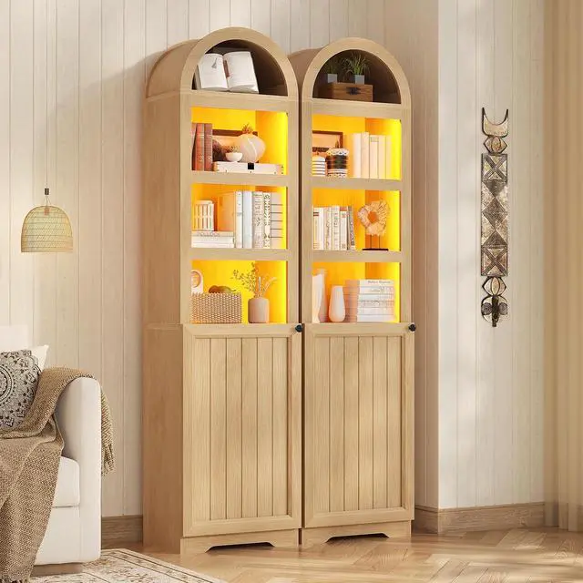 Alt view image 3 of 7 - 72" Tall Arched Narrow Bathroom Storage Cabinet with Lights, Slim Storage Cabinet with Adjustable Shelves for Small Spaces, Farmhouse Style (Oak)