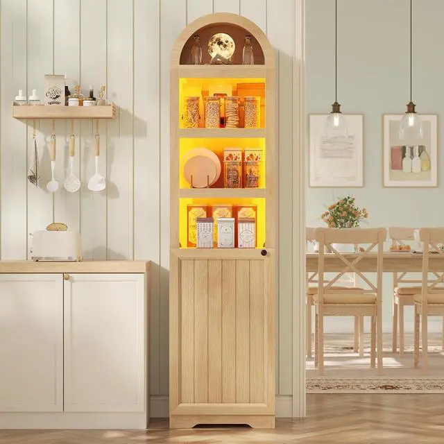Alt view image 4 of 7 - 72" Tall Arched Narrow Bathroom Storage Cabinet with Lights, Slim Storage Cabinet with Adjustable Shelves for Small Spaces, Farmhouse Style (Oak)