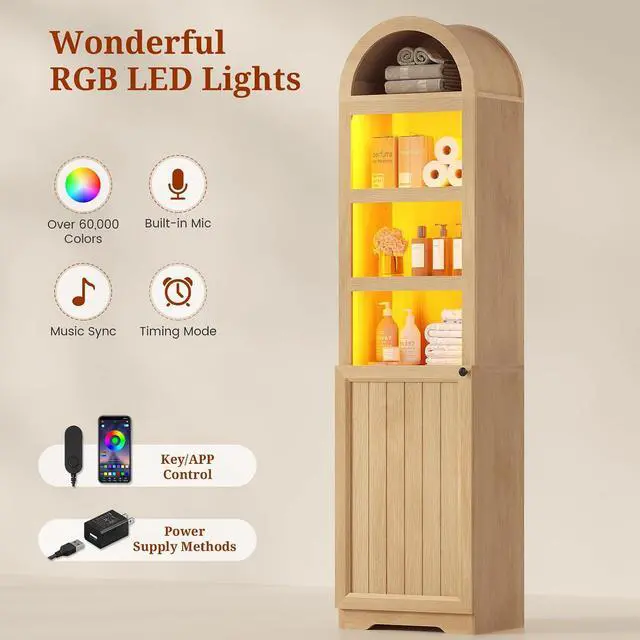 Alt view image 6 of 7 - 72" Tall Arched Narrow Bathroom Storage Cabinet with Lights, Slim Storage Cabinet with Adjustable Shelves for Small Spaces, Farmhouse Style (Oak)