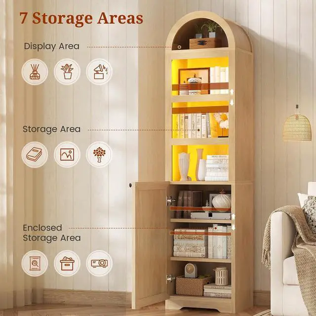Alt view image 5 of 7 - 72" Tall Arched Narrow Bathroom Storage Cabinet with Lights, Slim Storage Cabinet with Adjustable Shelves for Small Spaces, Farmhouse Style (Oak)
