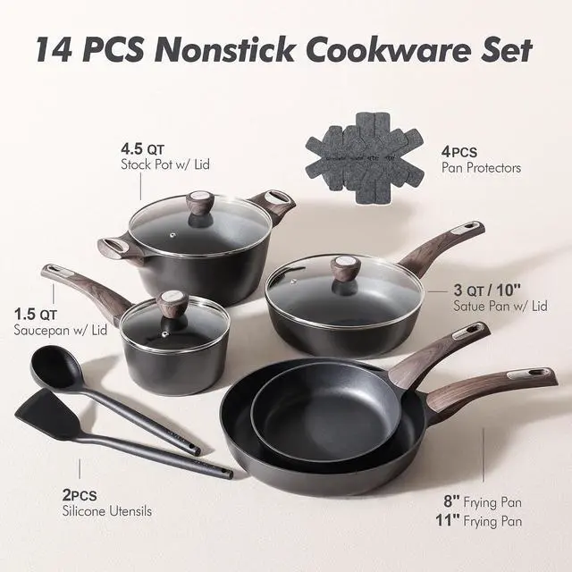 Alt view image 4 of 7 - 14 Pcs Pots and Pans Set Non stick,Non toxic Healthy Induction Cookware Sets,1.5 Quart Nonstick Sauce Pan with Lid,Induction Comptable, PFOA Free