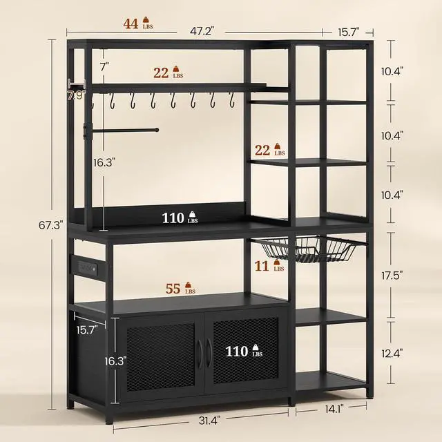 Alt view image 2 of 7 - 47.2 in Bakers Rack with Power Outlet & LED Light, Coffee Bar with Coffee Pod Holder for Vetuo, Kitchen Microwave Stand with Storage Shelves, Paper Holder, Cabinet, Wire Basket, 8 Hooks (Black)
