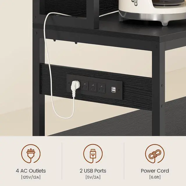 Alt view image 4 of 7 - 47.2 in Bakers Rack with Power Outlet & LED Light, Coffee Bar with Coffee Pod Holder for Vetuo, Kitchen Microwave Stand with Storage Shelves, Paper Holder, Cabinet, Wire Basket, 8 Hooks (Black)