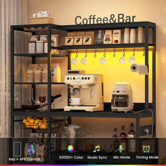 Alt view image 3 of 7 - 47.2 in Bakers Rack with Power Outlet & LED Light, Coffee Bar with Coffee Pod Holder for Vetuo, Kitchen Microwave Stand with Storage Shelves, Paper Holder, Cabinet, Wire Basket, 8 Hooks (Black)