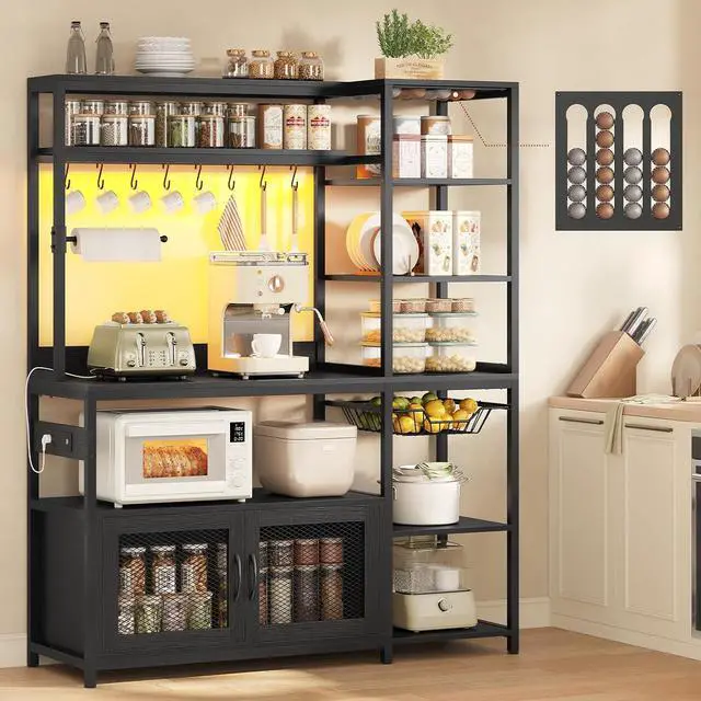 Main image of 47.2 in Bakers Rack with Power Outlet & LED Light, Coffee Bar with Coffee Pod Holder for Vetuo, Kitchen Microwave Stand with Storage Shelves, Paper Holder, Cabinet, Wire Basket, 8 Hooks (Black)