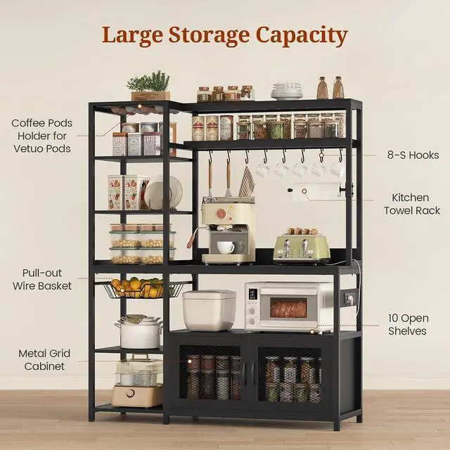 Alt view image 5 of 7 - 47.2 in Bakers Rack with Power Outlet & LED Light, Coffee Bar with Coffee Pod Holder for Vetuo, Kitchen Microwave Stand with Storage Shelves, Paper Holder, Cabinet, Wire Basket, 8 Hooks (Black)