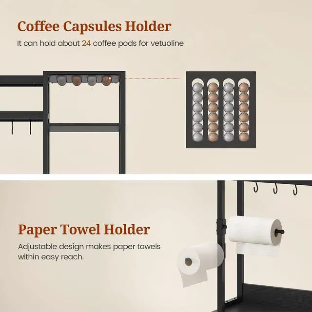 Alt view image 6 of 7 - 47.2 in Bakers Rack with Power Outlet & LED Light, Coffee Bar with Coffee Pod Holder for Vetuo, Kitchen Microwave Stand with Storage Shelves, Paper Holder, Cabinet, Wire Basket, 8 Hooks (Black)