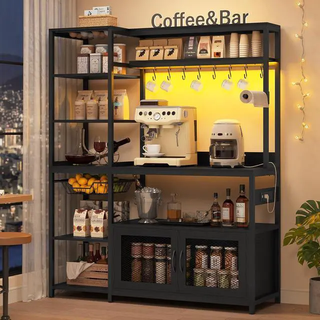 Alt view image 7 of 7 - 47.2 in Bakers Rack with Power Outlet & LED Light, Coffee Bar with Coffee Pod Holder for Vetuo, Kitchen Microwave Stand with Storage Shelves, Paper Holder, Cabinet, Wire Basket, 8 Hooks (Black)