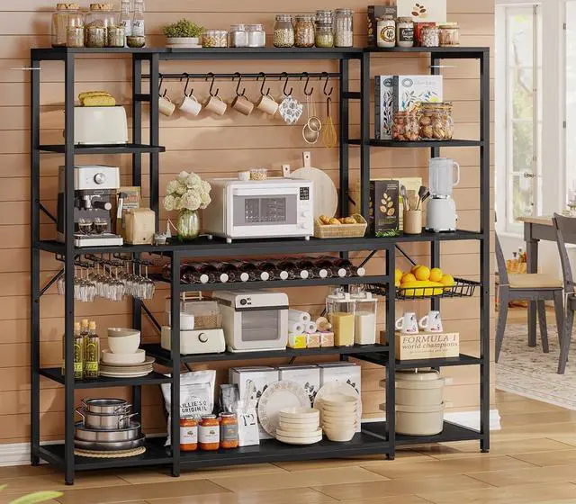 Main image of 62.4in Large Bakers Rack with Power Outlet, Wide Kitchen Microwave Stand with Storage Shelves, 5-Tier Coffee Bar, Wine Rack, Goblet Holder, 8 Hooks, Wire Basket(Black, Large)