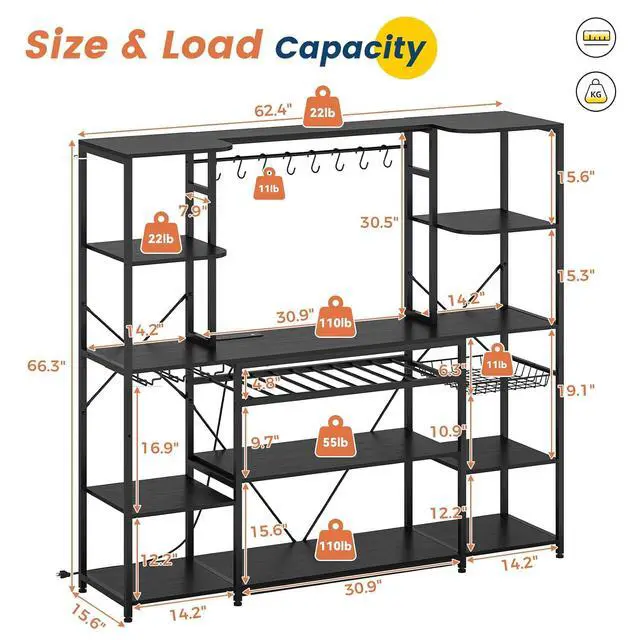 Alt view image 2 of 7 - 62.4in Large Bakers Rack with Power Outlet, Wide Kitchen Microwave Stand with Storage Shelves, 5-Tier Coffee Bar, Wine Rack, Goblet Holder, 8 Hooks, Wire Basket(Black, Large)