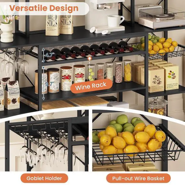 Alt view image 5 of 7 - 62.4in Large Bakers Rack with Power Outlet, Wide Kitchen Microwave Stand with Storage Shelves, 5-Tier Coffee Bar, Wine Rack, Goblet Holder, 8 Hooks, Wire Basket(Black, Large)