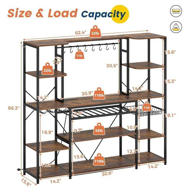 Alt view image 2 of 7 - 62.4in Large Bakers Rack with Power Outlet, Wide Kitchen Microwave Stand with Storage Shelves, 5-Tier Coffee Bar, Wine Rack, Goblet Holder, 8 Hooks, Wire Basket(Rustic Brown, Large)