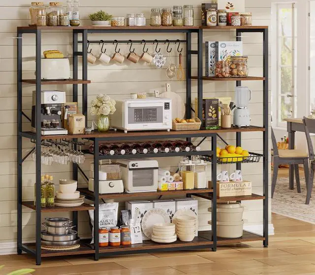 Main image of 62.4in Large Bakers Rack with Power Outlet, Wide Kitchen Microwave Stand with Storage Shelves, 5-Tier Coffee Bar, Wine Rack, Goblet Holder, 8 Hooks, Wire Basket(Rustic Brown, Large)