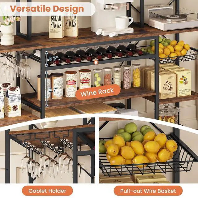 Alt view image 5 of 7 - 62.4in Large Bakers Rack with Power Outlet, Wide Kitchen Microwave Stand with Storage Shelves, 5-Tier Coffee Bar, Wine Rack, Goblet Holder, 8 Hooks, Wire Basket(Rustic Brown, Large)