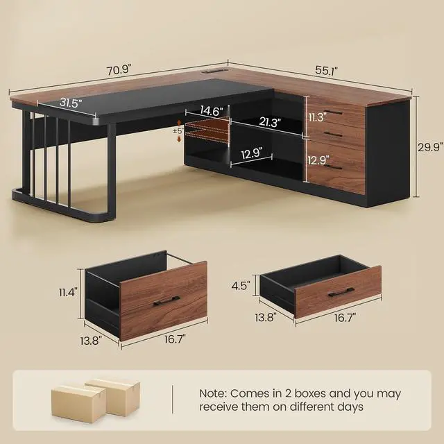Alt view image 2 of 7 - 71" Executive Desk, Large Office Desk with Drawers & Storage Shelves, Modern L Shaped Computer Desk Corner Desk with Power Outlets, File Cabinet, Business Furniture Desk Workstation (Walnut)