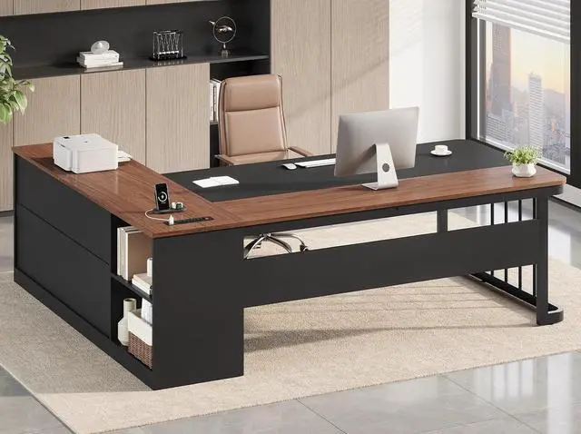 Main image of 71" Executive Desk, Large Office Desk with Drawers & Storage Shelves, Modern L Shaped Computer Desk Corner Desk with Power Outlets, File Cabinet, Business Furniture Desk Workstation (Walnut)