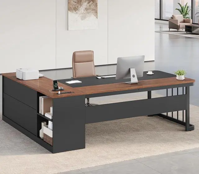 Alt view image 4 of 7 - 71" Executive Desk, Large Office Desk with Drawers & Storage Shelves, Modern L Shaped Computer Desk Corner Desk with Power Outlets, File Cabinet, Business Furniture Desk Workstation (Walnut)