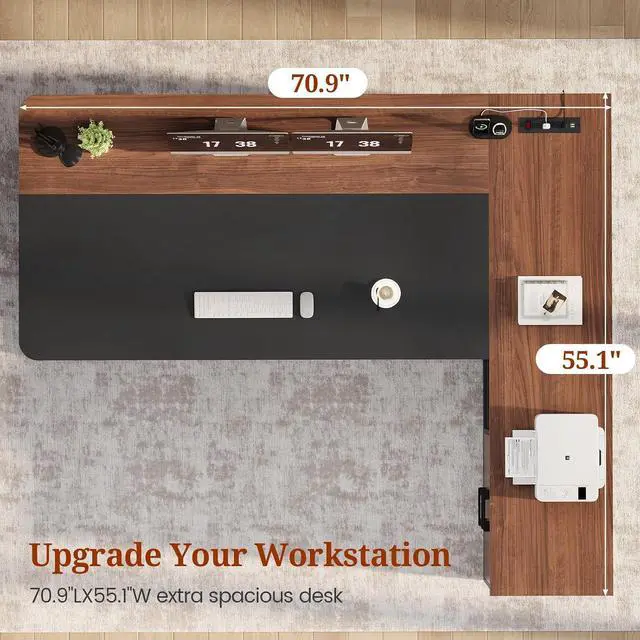 Alt view image 3 of 7 - 71" Executive Desk, Large Office Desk with Drawers & Storage Shelves, Modern L Shaped Computer Desk Corner Desk with Power Outlets, File Cabinet, Business Furniture Desk Workstation (Walnut)