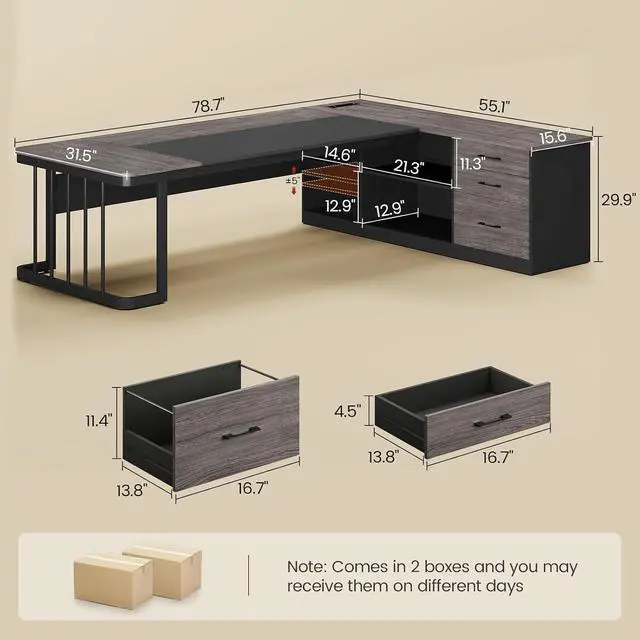 Alt view image 2 of 7 - 78.7" Executive Desk, Large Office Desk with Drawers & Storage Shelves, Modern L Shaped Computer Desk Corner Desk with Power Outlets, File Cabinet, Business Furniture Desk Workstation (Grey)