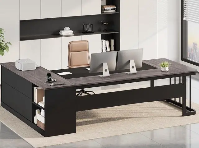Main image of 78.7" Executive Desk, Large Office Desk with Drawers & Storage Shelves, Modern L Shaped Computer Desk Corner Desk with Power Outlets, File Cabinet, Business Furniture Desk Workstation (Grey)