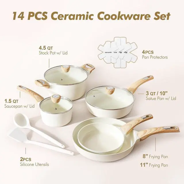 Alt view image 4 of 7 - 14-Piece Ceramic Cookware Sets,Non toxic Healthy Non Stick Kitchen Cooking Set,1.5 Quart Sauce Pan with Lid, Induction Pot